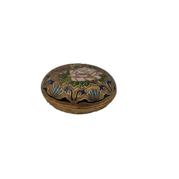 3" Vtg Chinese cloisonne enamel-on-gilt-brass round Trinket Box W Lid Flowers Bu - Picture 8 of 10